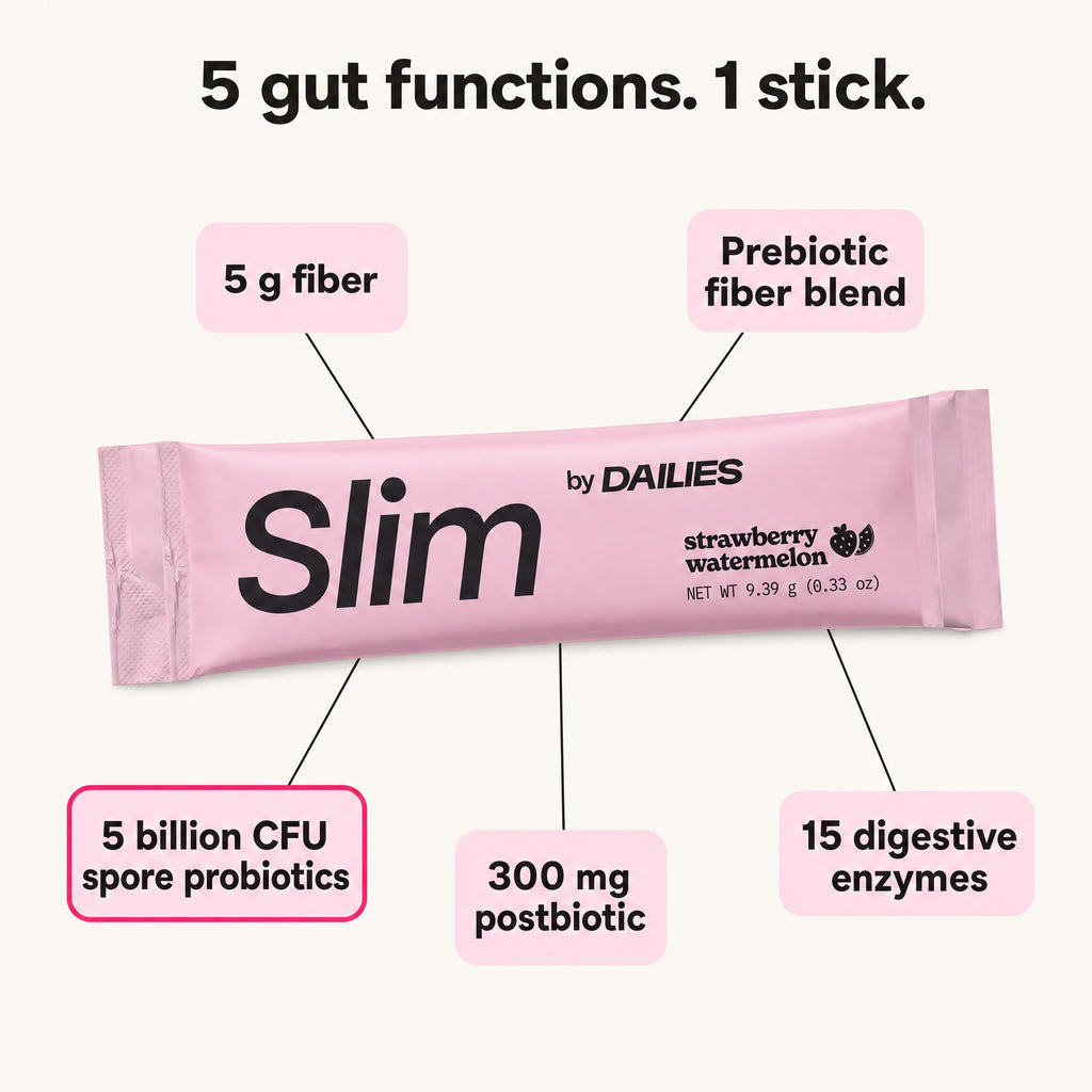 5 gut functions, 1 stick: 5 g fiber, prebiotic fiber blend, 5 billion CFU spore probiotics, 300 mg postbiotic, 15 digestive enzymes