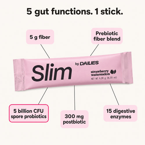 5 gut functions, 1 stick: 5 g fiber, prebiotic fiber blend, 5 billion CFU spore probiotics, 300 mg postbiotic, 15 digestive enzymes