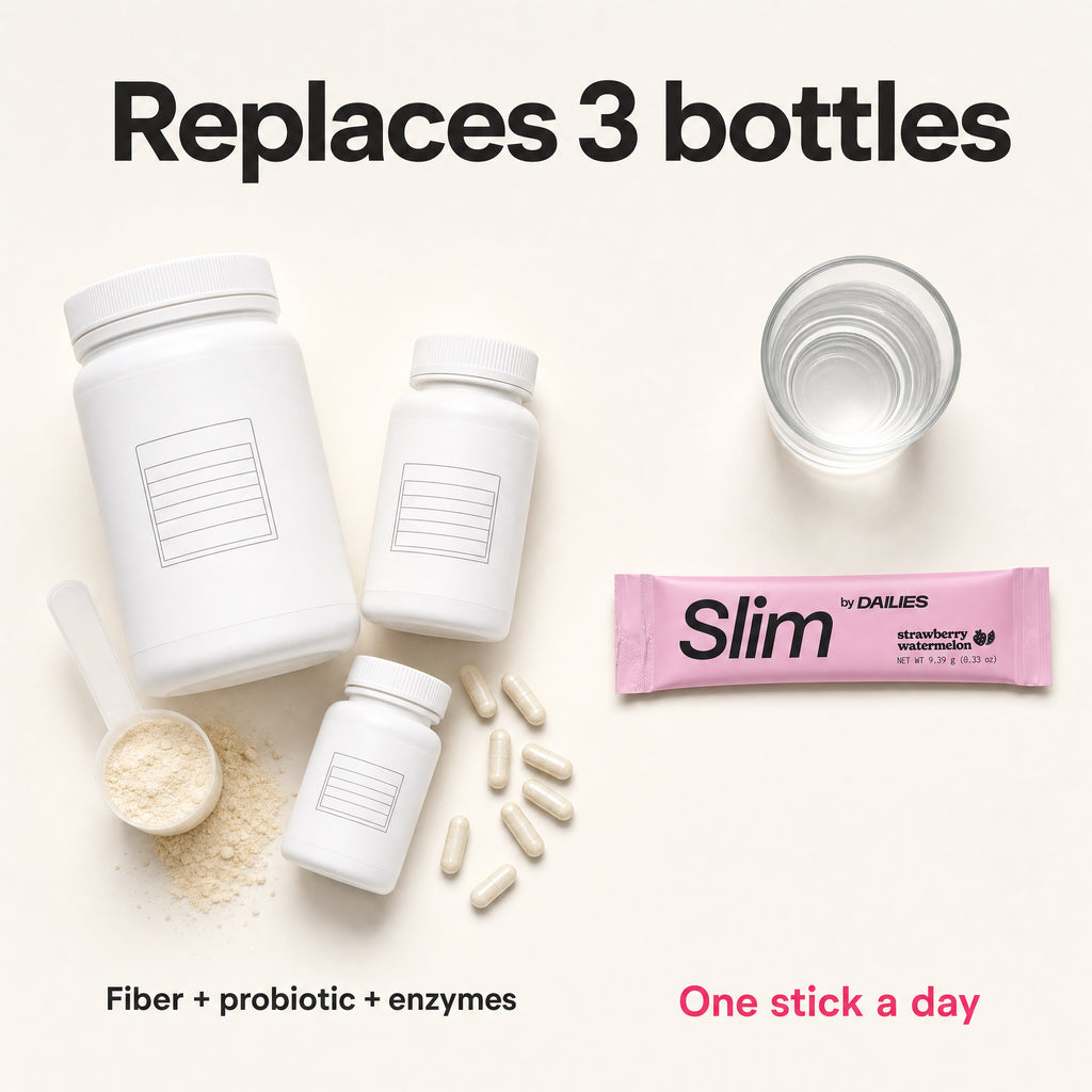 Replaces 3 bottles: a fiber tub, a probiotic bottle and an enzyme bottle beside one Slim stick, one stick a day