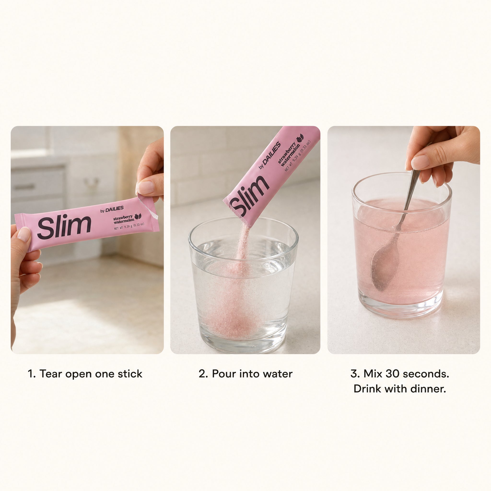 How to use Slim: tear open one stick, pour into water, mix 30 seconds and drink with dinner