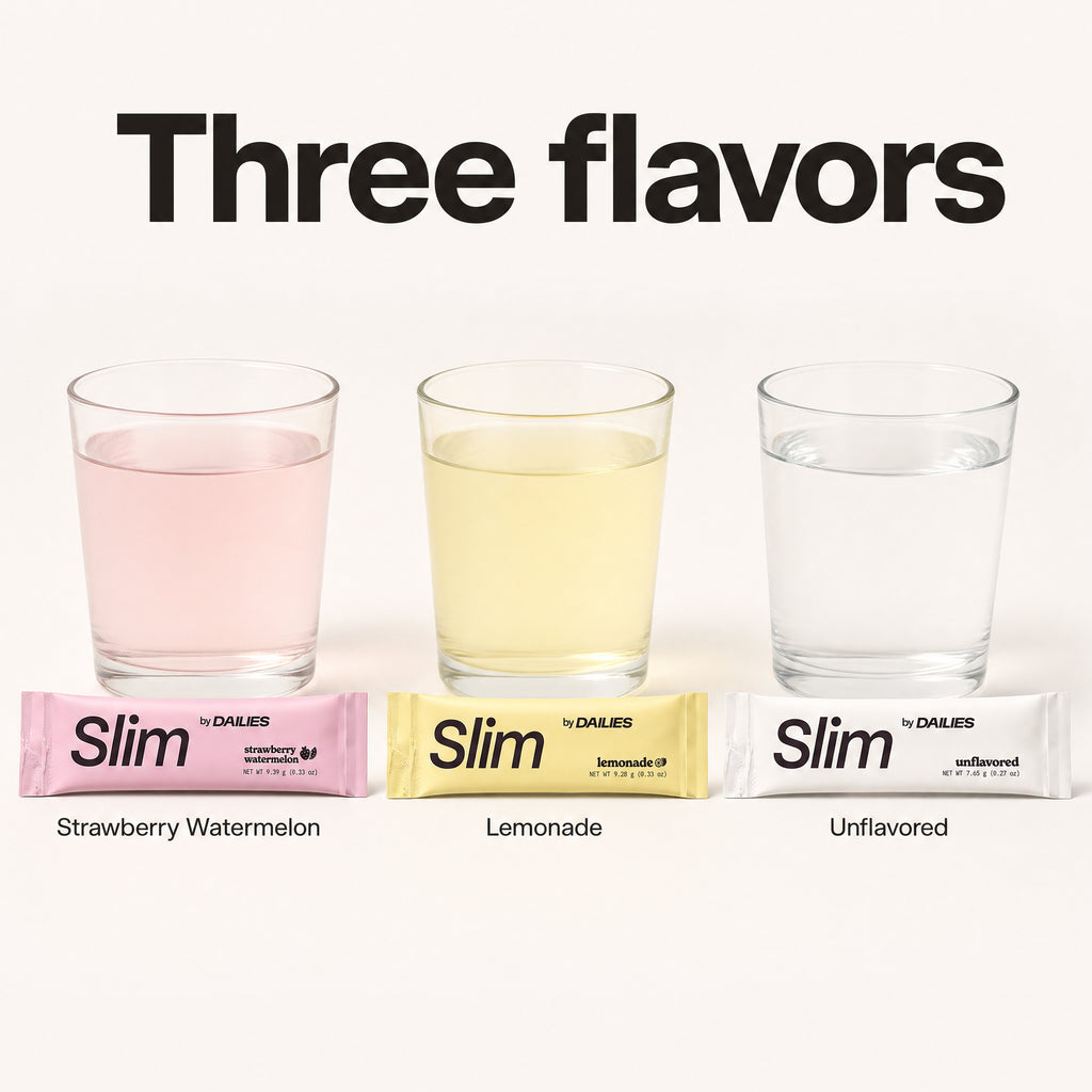Three flavors: Strawberry Watermelon, Lemonade and Unflavored sticks in front of three glasses